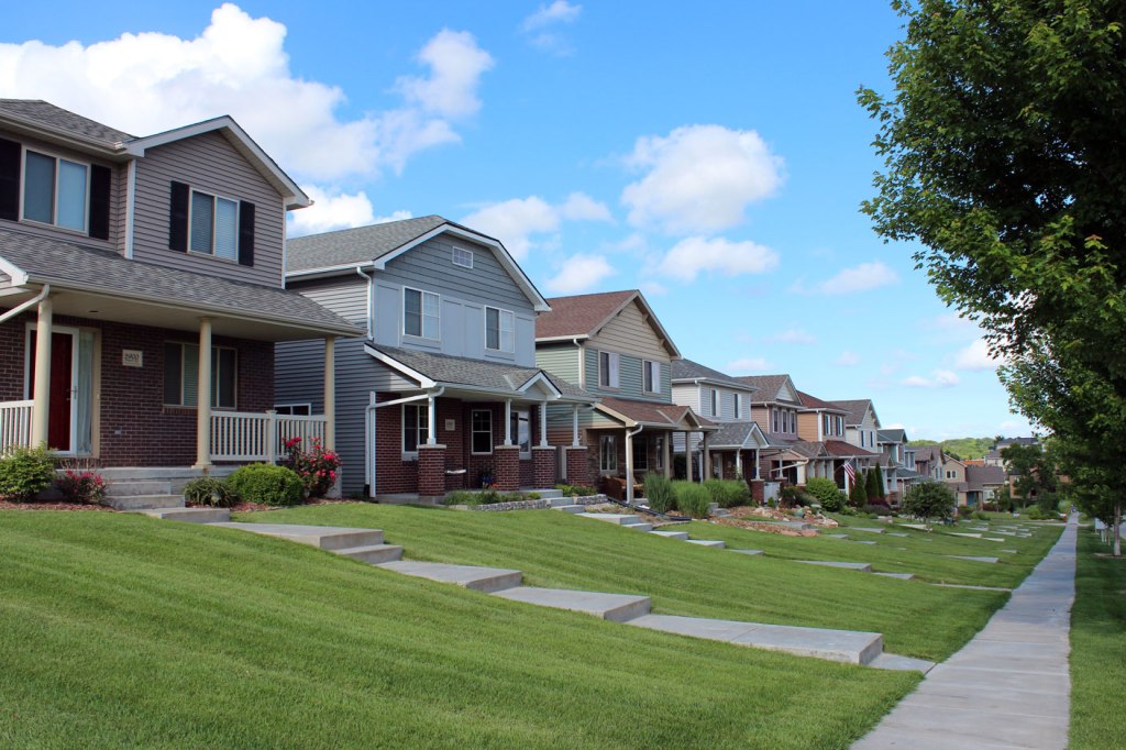 View of St. Charles Place townhomes from sidewalk